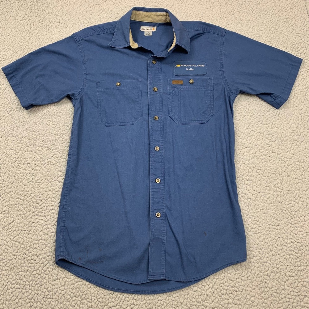 Carhartt Work Shirt Mens S Blue Short‎ Sleeve Cotton Blend Patch 384-19